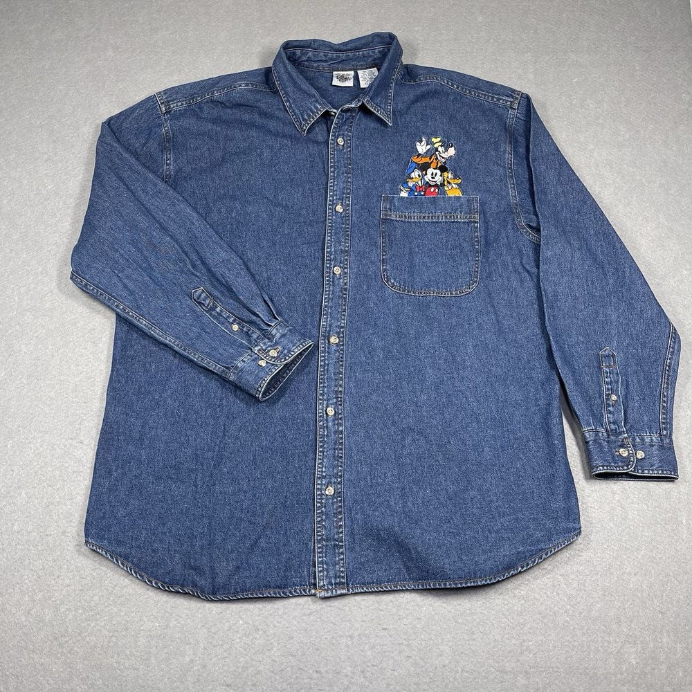 VTG Disney Catalog Shirt Mens XL Blue Denim Mickey Mouse And Friends Embroidered